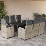 Set mobilier gradina vidaXL, 9 piese, poliratan gri deschis, perne incluse, scaune rabatabile, masa sticla 200x100cm, rezistent UV