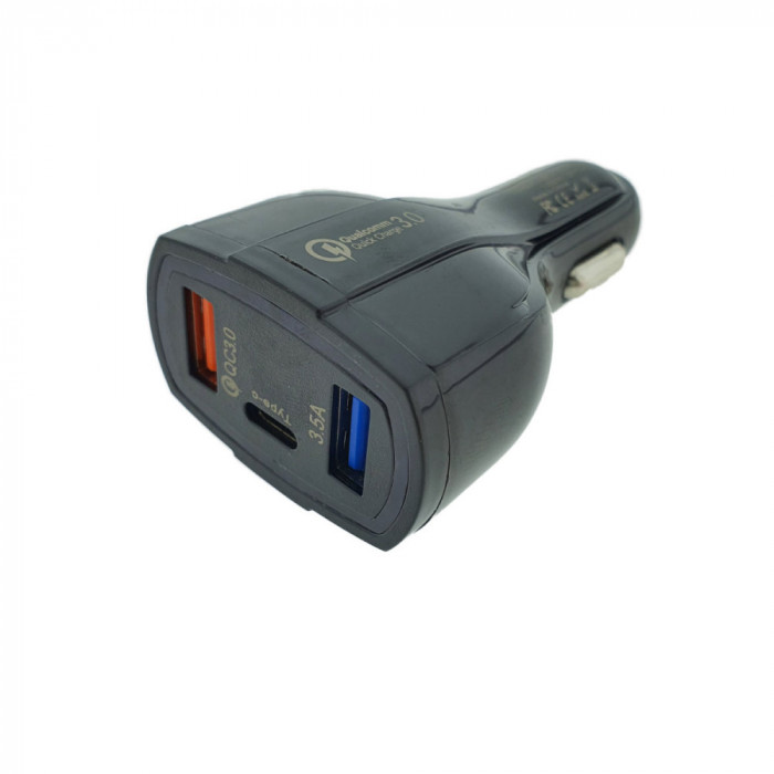 Incarcator rapid auto 35W, cu 3 porturi, USB tip C, USB QC 3.0 si USB 3.5A, 12 - 32 V, cu protectie, negru