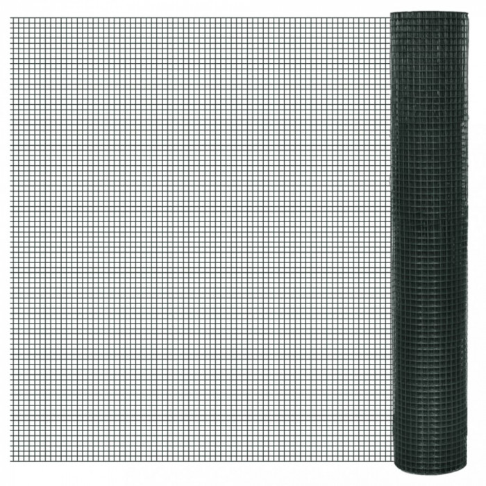 vidaXL Plasă de s&acirc;rmă găini, verde, 25 x 1 m, oțel galvanizat cu PVC