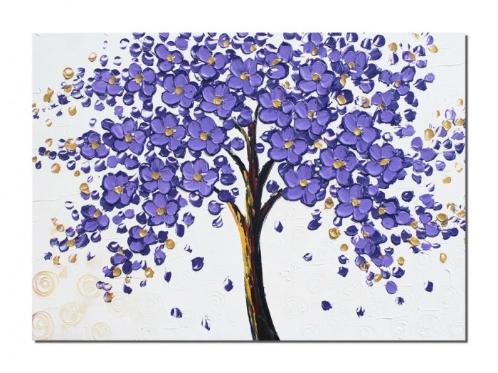 Tablou copac vietii pictat manual, Bucurie in violet, 70x50cm ulei pe panza in cutit efect 3D