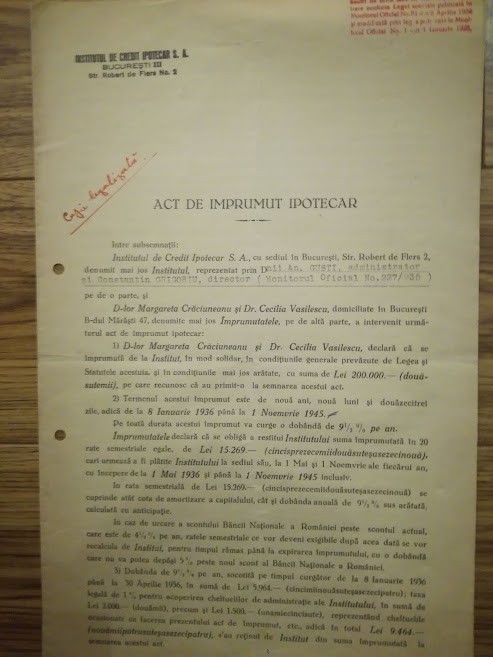 1935, Institutul de Credit Ipotecar S.A., Str. Robert de Flers Nr. 2, Bucuresti
