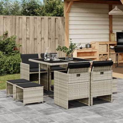 vidaXL Set mobilier grădină cu perne, 9 piese, gri deschis, poliratan 3277726 foto