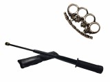 Cumpara ieftin Set Autoaparare: Baston Telescopic Flexibil 47cm, Maner Tonfa, Pumnal Craniu, Otel, Husa Curea, Negru/Multicolor
