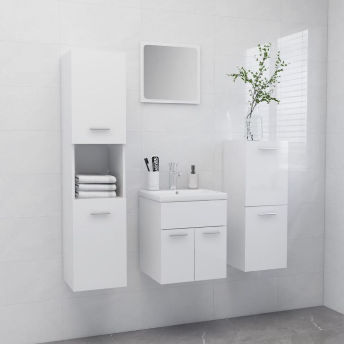 Set mobilier de baie, alb extralucios, lemn prelucrat