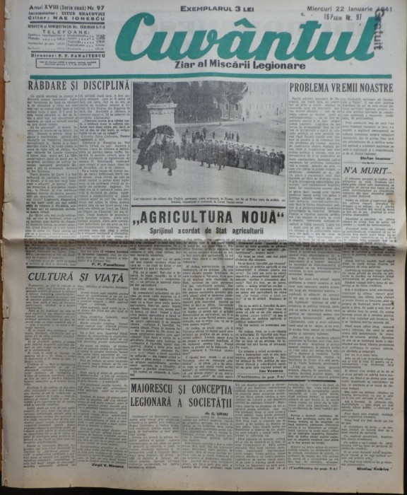 Cuvantul , ziar al miscarii legionare , 22 ianuarie 1941, nr. 97