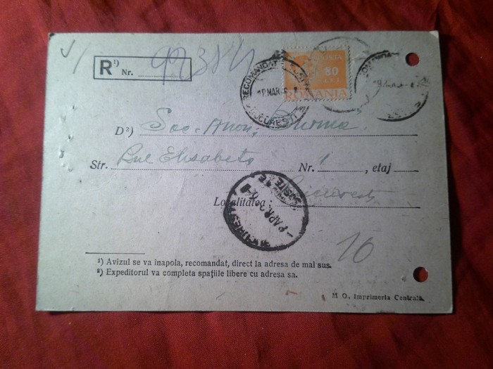 Aviz Postal 1943 catre Min. Economiei stampila Registratura si Recomandate ,Timbru Mihai 80 lei