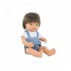 Papusa baiat caucazian 38 cm, par saten inchis, in salopeta, corp parfumat, colectia My Friends and Me, MINILAND