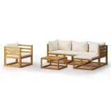 Set mobilier gradina cu perne, 6 piese, crem, lemn masiv acacia