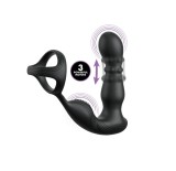 Inel de Penis cu Stimulator Anal, Remote Control, 10 Moduri Vibratii, 10 Moduri Miscari Bile, Silicon, USB, Negru, 19 cm