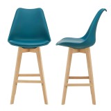 Cumpara ieftin Set 2 bucati Scaune de Bar Adela Deluxe, 105x48x58 cm, Lemn Fag / Plastic / Imitatie Piele, Culoare Turcoaz, [en.casa]