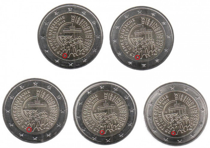 monede euro GERMANIA 2015, 5x2 euro (ADFGJ) Unificare - UNC