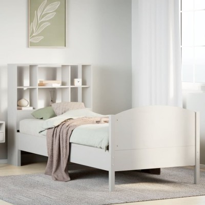vidaXL Pat cu bibliotecă fără saltea, alb, 90x200 cm, lemn masiv pin 3323123 foto