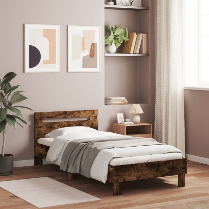 vidaXL Cadru de pat cu tăblie stejar fumuriu 100x200 cm lemn prelucrat 838530