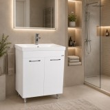 Baza si lavoar ceramic GN0541, mobilier baie stativ 60 cm, front MDF, 2 usi, 2 rafturi, balamale soft close, picioare cromate reglabile, alb