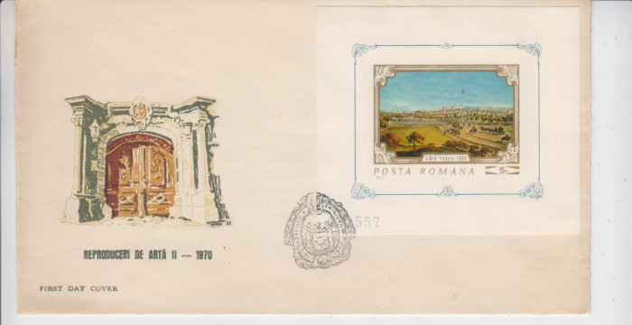 C12 - FDC Romania - Reproduceri de arta Simturile - Colita nedant - LP752 - 1970
