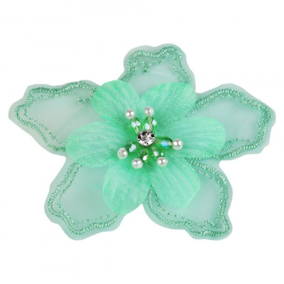 Floare textila cu margele pentru decorare haine, diametru 8 cm, Verde pastel foto