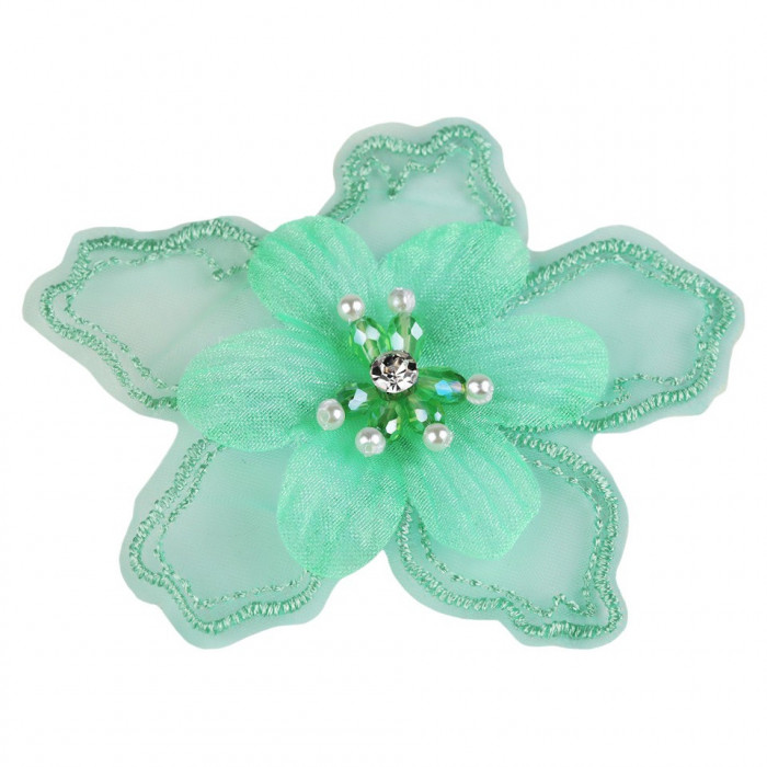 Floare textila cu margele pentru decorare haine, diametru 8 cm, Verde pastel