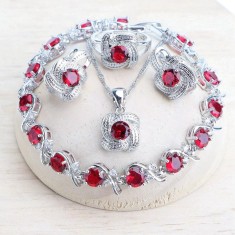 Set bijuterii placate cu argint 925, cu cristale de zirconiu rosu-rubin