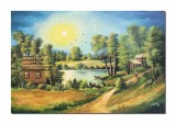 Cumpara ieftin Tablou apus de soare cu pescarul norocos pictat manual, 120x80cm ulei pe panza, Constantin Feraru