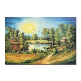 Tablou apus de soare cu pescarul norocos pictat manual, 120x80cm ulei pe panza, Constantin Feraru