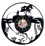 Ceas de perete decorativ din disc vinil, Model Pescuit, Diametru 30 cm, Mecanism Quartz Silentios, Negru