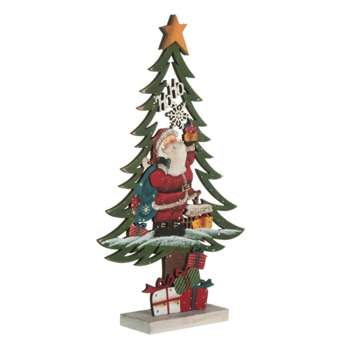 Figurină Brad Crăciun Lemn, Moș Crăciun și Cadouri, Multicolor, 43.5cm