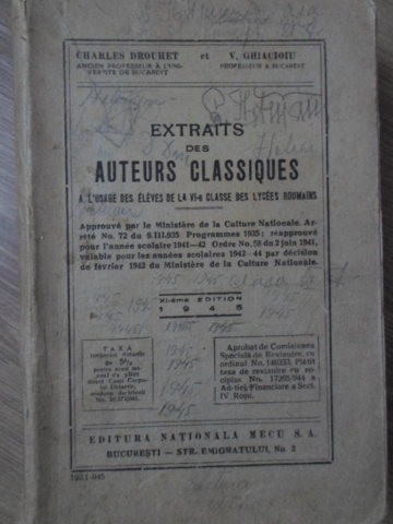 EXTRAITS DES AUTEURS CLASSIQUES A L&#039;USAGE DES ELEVES DE LA VI-A CLASSE DES LYCEES ROUMAINS-CHARLES DROUHET,-234184