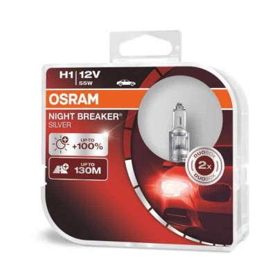 Becuri auto H1 far halogen Osram Night Breaker SILVER 12V 55W P14.5s set de 2 buc 64150NBS-HCB foto