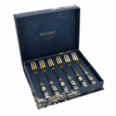 Set 6 furculite desert Blue Danube Gold, Brandani, inox, maner ceramic