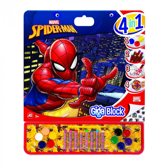 Set pentru desen Giga Block 4 in 1 Spiderman, 8 creioane, 10 acuarele, autocolante, pensula si sabloane
