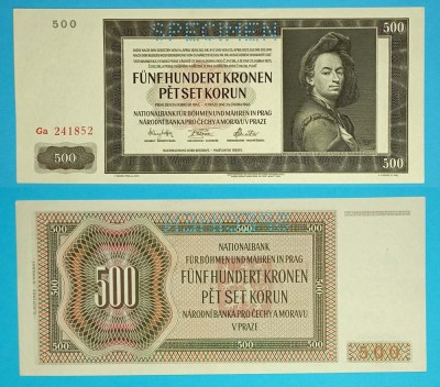 Bohemia Moravia 500 Korun 1942 &amp;#039;Brandl&amp;#039; aUNC+ serie: Ga 241852 p#12 Specimen foto