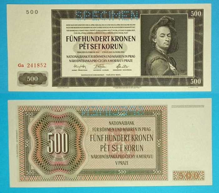 Bohemia Moravia 500 Korun 1942 &#039;Brandl&#039; aUNC+ serie: Ga 241852 p#12 Specimen