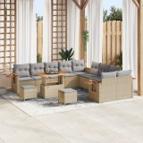 Set Canapea de Grădină vidaXL cu 13 Piese cu Perne Bej Poli Ratan Acacia, Set de Dining Grădină vidaXL cu 3 Piese cu Perne Bej Poli Ratan Acacia