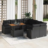 Set de dining pentru grădină cu 9 piese și perne &ndash; rattan sintetic negru și lemn de acacia