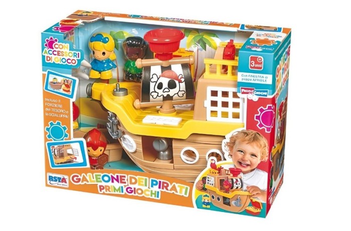 Jucarie interactiva si distractiva pentru bebelusi, Corabia Piratilor cu 3 figurine incluse, cufar cu comoara, barcuta de tras, ancora, turn de contro