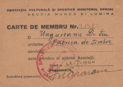 1944 Carte membru Fabrica de Timbre, Munca si Lumina, stampila Monitorul Oficial foto