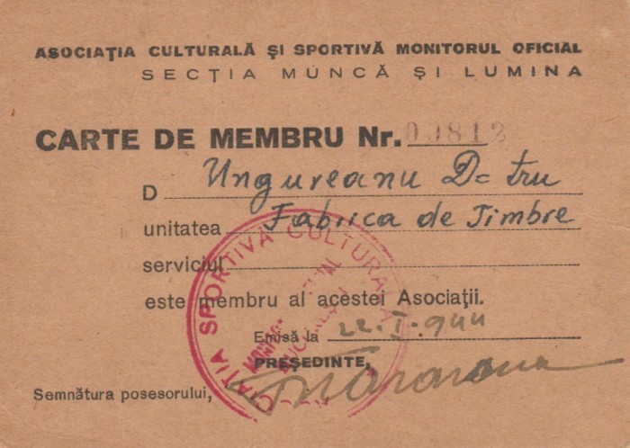 1944 Carte membru Fabrica de Timbre, Munca si Lumina, stampila Monitorul Oficial