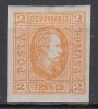 ROMANIA 1865 LP 15 ALEXANDRU IOAN CUZA EFIGIA DOMNITORULUI IN OVAL 2 PARALE PORTOCALIU GUMA ORIGINALA HARTIE VARGATA VERTICAL SARNIERA, Nestampilat