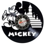 Ceas de perete decorativ realizat din disc de vinil, Model Mickey Mouse si Castelul Magic, Text Mickey, Negru Premium, 30 cm