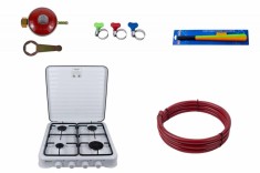 Pachet aragaz 4 ochiuri, 55x50 cm, ceas pentru butelie, furtun gaz 2m, aprinzator alb