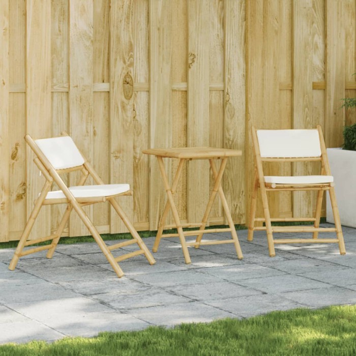 Gossi set de bistro pliabil, 3 piese, cu perne alb crem, bambus