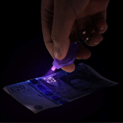 Breloc cu LED UV 385 nm, alimentare baterii, verificare bancnote, mov foto