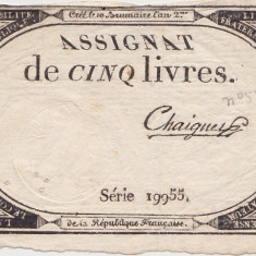 FRANTA ASIGNATA ASSIGNAT 5 LIVRES NOIEMBRIE 1793 SIGN. Chaignet F