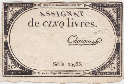 FRANTA ASIGNATA ASSIGNAT 5 LIVRES NOIEMBRIE 1793 SIGN. Chaignet F foto