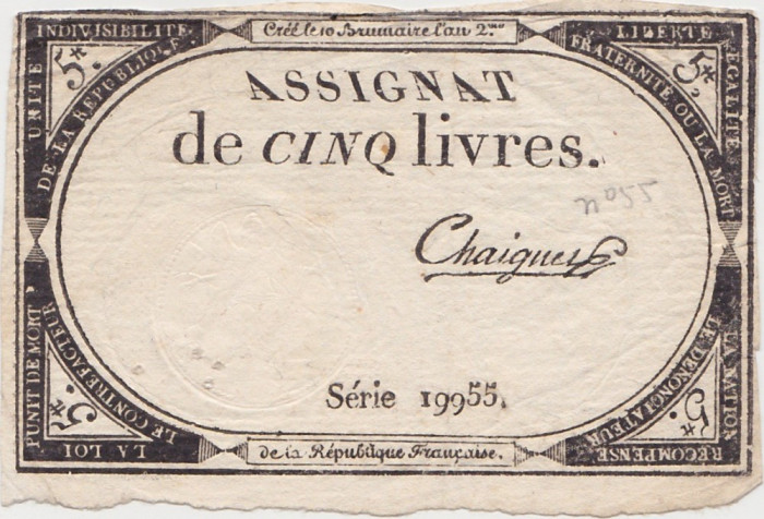 FRANTA ASIGNATA ASSIGNAT 5 LIVRES NOIEMBRIE 1793 SIGN. Chaignet F