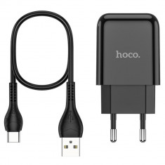 Incarcator priza EU, HOCO N2 Vigour, cu cablu Type C, lungime 1m, 5V 2.1 A, 1 x USB, negru