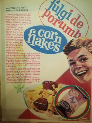 1972, Reclama Fulgi de porumb romanes / Corn Flakes, comunism 27x20 cm BUCURESTI foto
