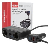 Distribuitor priza bricheta auto cu incarcare USB-C USB-A QC3.0 PD3.0 120W 12/24V, 2 prize, cablu 75 cm, LED Display, AMiO 04837