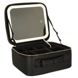 Organizator, de cosmetice, cu oglinda LED, impermeabil, din plastic, multiple compartimente ajustabile, maner detasabil pentru transport usor, negru
