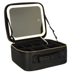 Organizator, de cosmetice, cu oglinda LED, impermeabil, din plastic, multiple compartimente ajustabile, maner detasabil pentru transport usor, negru